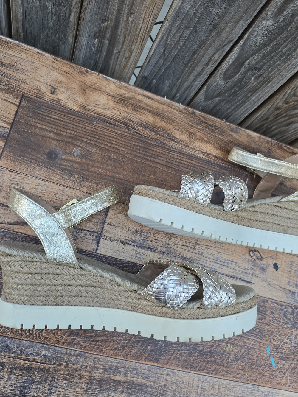 Woven Metallic Espadrille Wedge Sandals Gold Size 8 - Picture 7 of 13